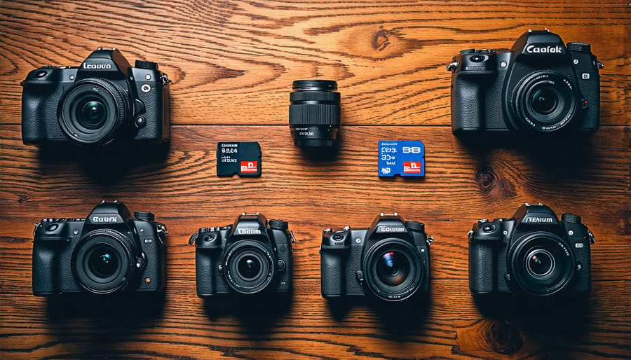 Assortment of different types of cameras, including DSLR, mirrorless, and point-and-shoot models, along with essential photography accessories.