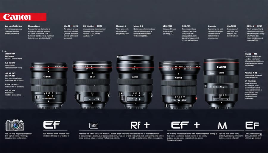 Infographic comparing Canon lens mounts (EF, EF-S, RF, and EF-M) with icons of compatible camera bodies and lenses.