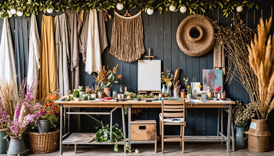 An artist's workspace showcasing various DIY photo backdrops in the making, including fabric, paper, natural elements, and repurposed objects.