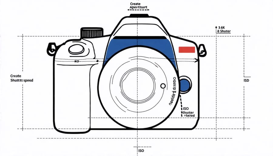 Diagram illustrating the exposure triangle of aperture, shutter speed and ISO on a DSLR camera