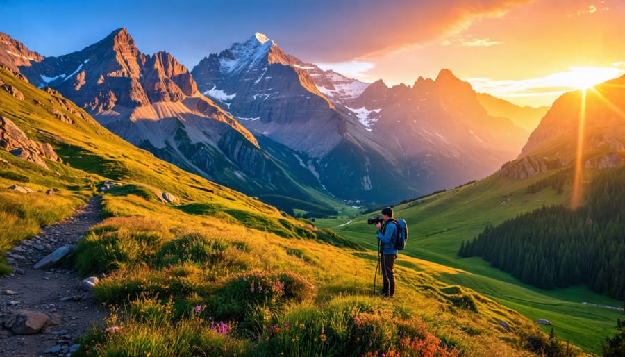 Photographer using professional camera equipment to photograph a beautiful landscape scene