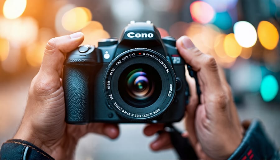 Photographer demonstrating proper hand placement and grip technique on a DSLR camera for optimal stability and control.