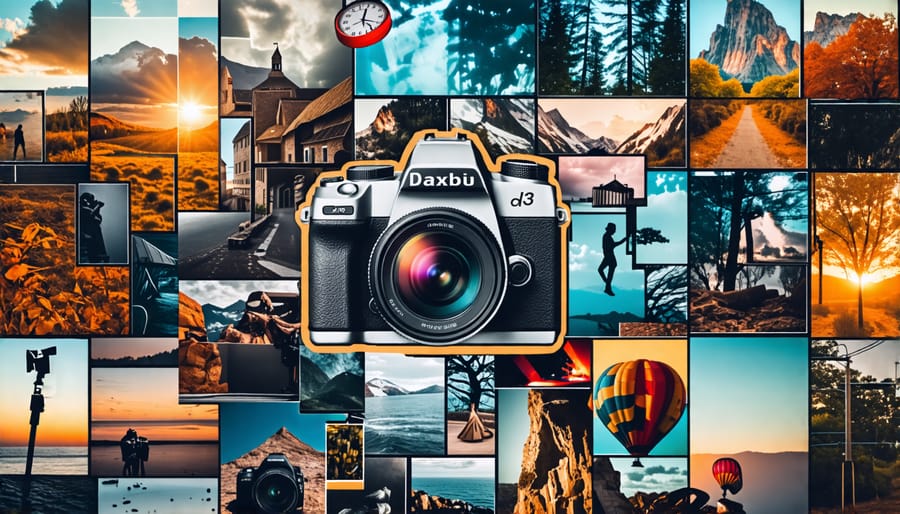 A collage of key photography concepts, including a DSLR camera, an exposure triangle diagram, and images highlighting composition techniques like the rule of thirds.