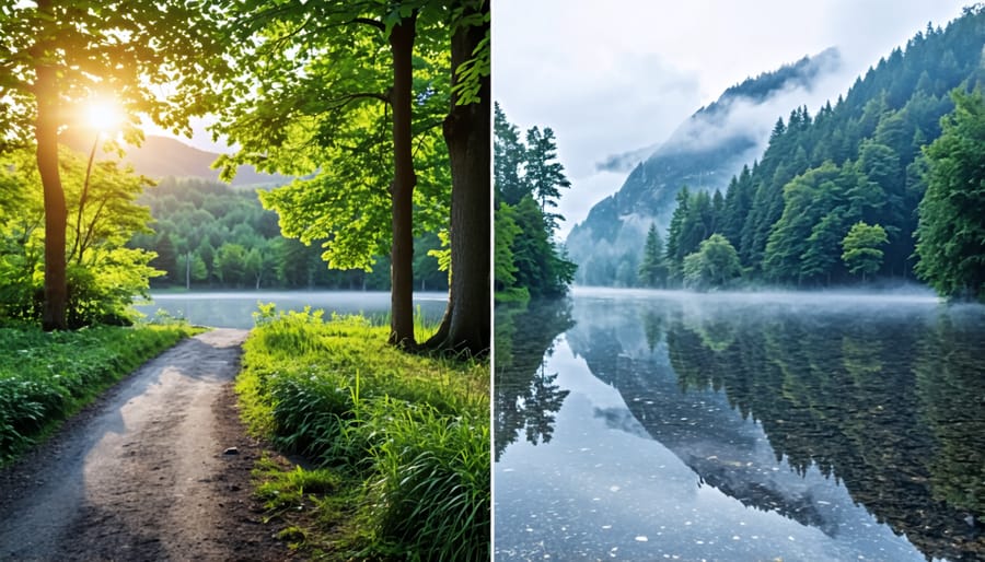 Comparison of photos with and without the rule of thirds applied, showing improved composition