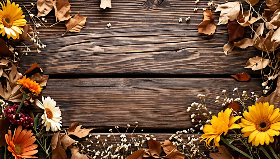 Example of a DIY photo backdrop using natural elements like wood and dried foliage