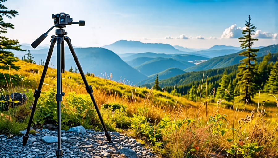 Tripod providing stable support for a camera while photographing a landscape