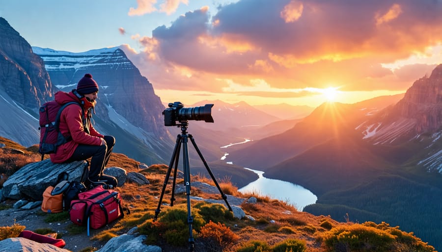 A landscape photographer equipped with high-end camera gear, including a DSLR, lenses, and a tripod, captures the stunning sunrise over a vast mountainous landscape.