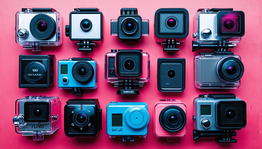 Several action cameras displayed with notable features like waterproof casings and mounts