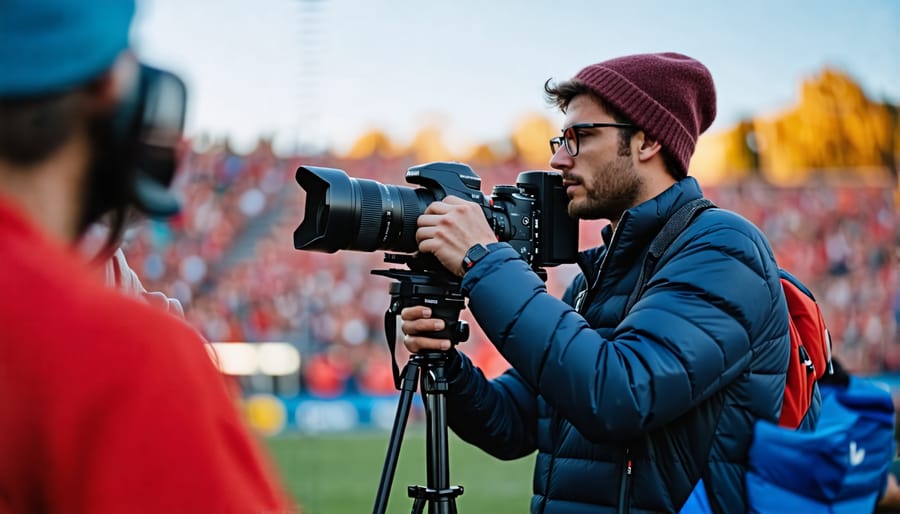 A photographer standing at a sports field, adjusting the camera settings on a DSLR.