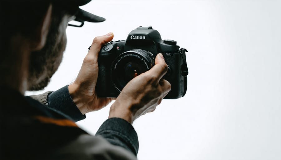 Closeup of photographer's hands adjusting camera settings