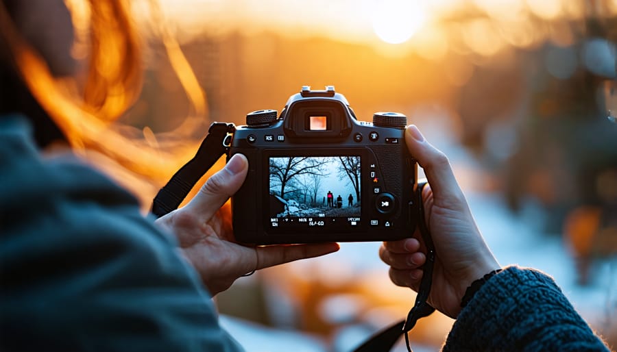 Photographer adjusting camera settings in low light conditions