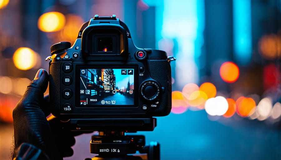 A photographer changing camera settings in a dark environment with city lights behind