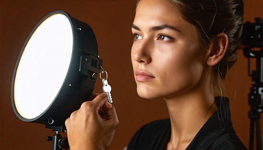 Photographer adjusting a key light on a model in a studio