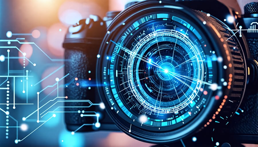 A photographer using an advanced camera with AI technology, featuring digital interface overlays and neural network graphics to symbolize seamless automation and enhanced creativity.