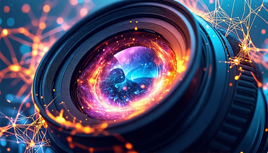 Abstract representation of a camera lens being dynamically transformed by illuminated neural network patterns, symbolizing the integration of AI in photo editing for enhanced creativity.