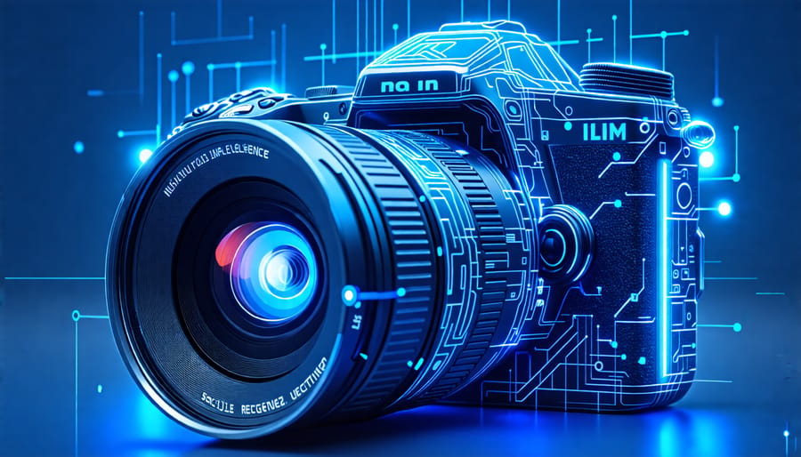 A modern digital camera with AI-based features illustrated through dynamic blue lights and digital patterns, representing its integration with advanced photography software.