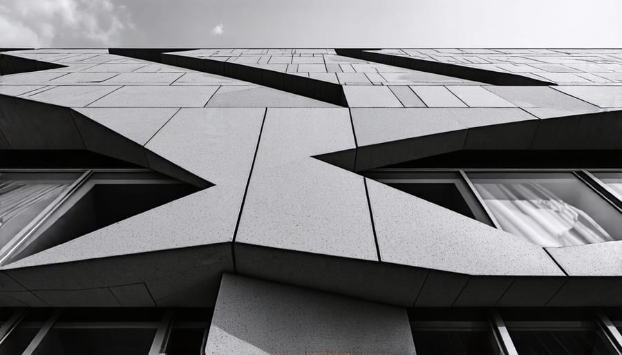 Black and white image of a building exterior emphasizing shape and texture