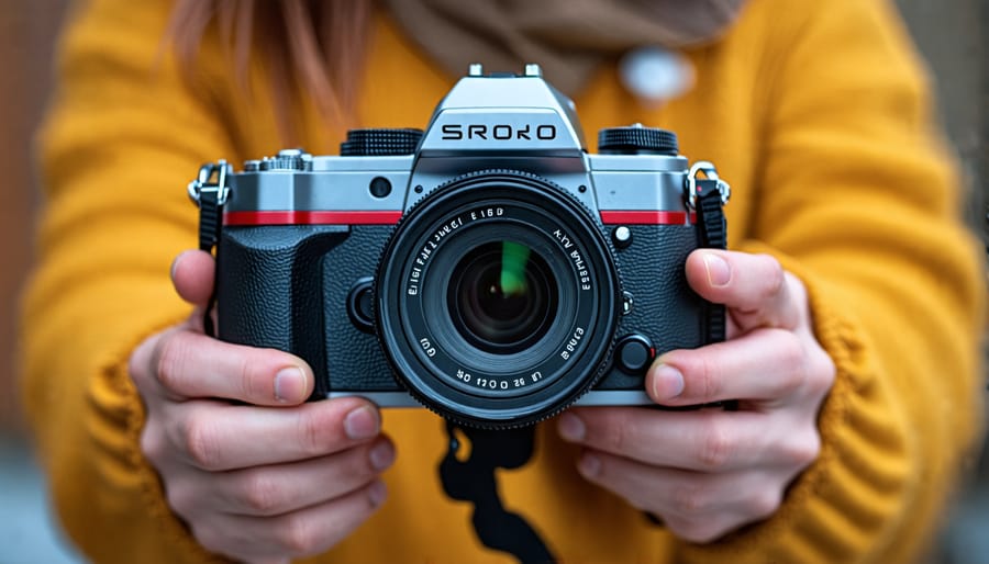 A photographer displaying the correct stance and grip technique for stable camera holding