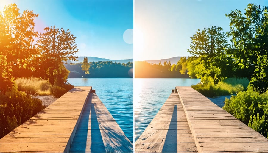 Before and after images showing the effects of post processing on a landscape photo