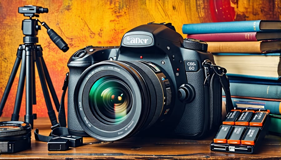 A collection of essential photography gear for beginners, including a DSLR camera, lens, tripod, camera bag, batteries, memory cards, editing software, and photography books, arranged creatively against a lens backdrop.