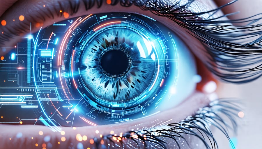 Conceptual illustration of a human eye enhanced with bionic technology, featuring microsensors and digital display capabilities.