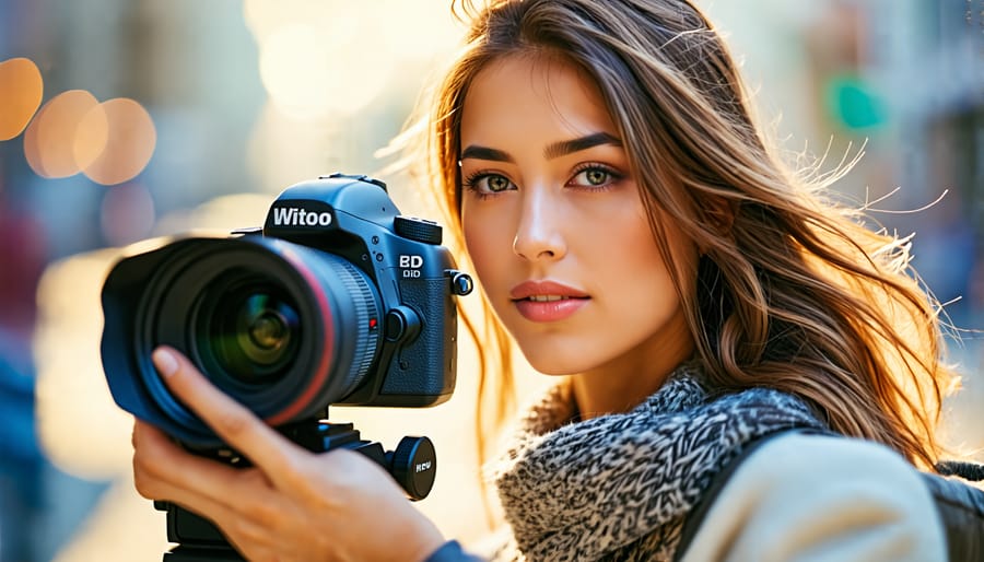 A photographer using their body posture to stabilize their camera