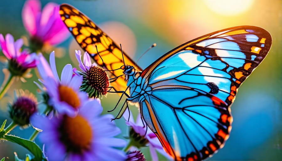 Macro photograph of a colorful butterfly on a flower, highlighting its delicate features