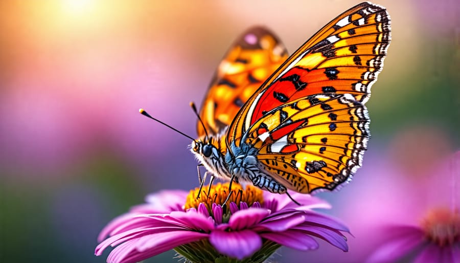 Macro photograph of a colorful butterfly on a vibrant flower