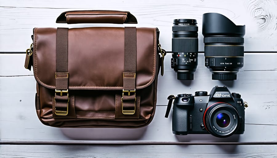 Camera bag with an assortment of prime and zoom lenses