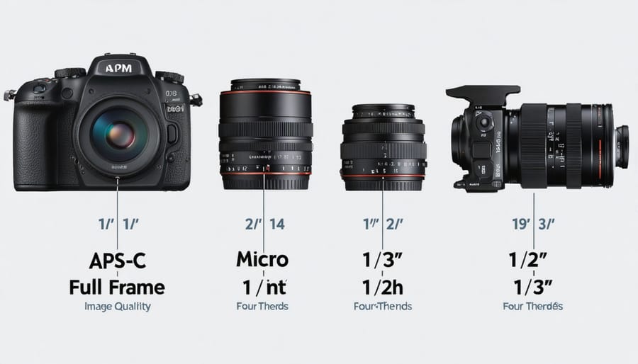 Diagram depicting the comparative sizes of camera sensors, from full frame to 1/2.3", showcasing their impact on photography aspects like image quality and depth of field.