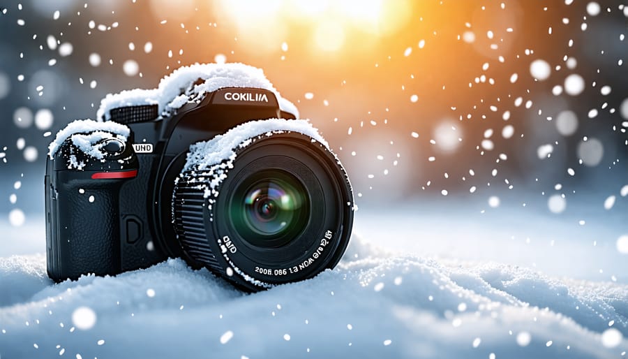 Camera encased in a weather-sealed cover with snow falling around it