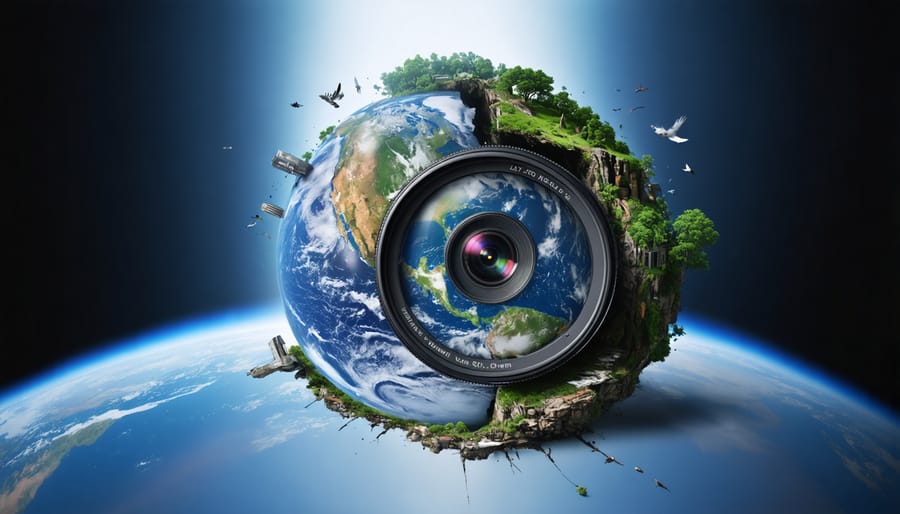 A camera lens transforming into a globe, intertwined with scenes of environmental impact, illustrating the theme of environmental photojournalism.