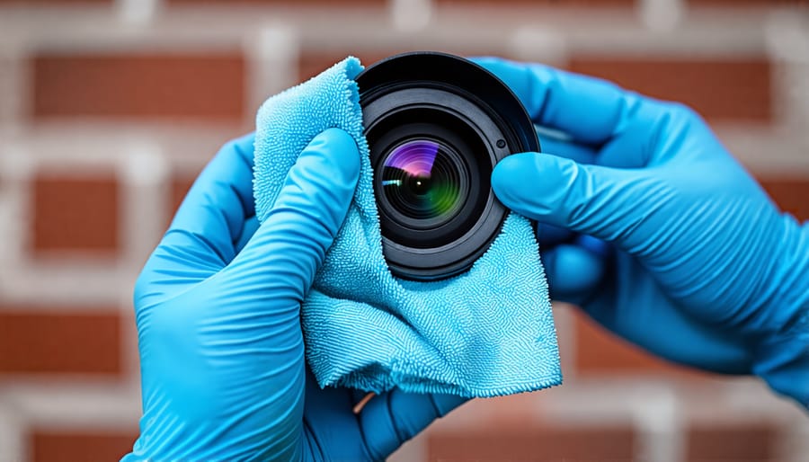 Cleaning a security camera lens with a microfiber cloth