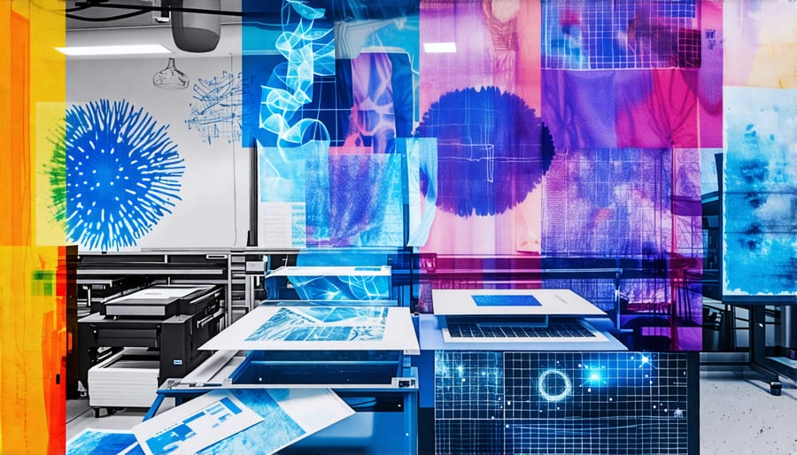 A conceptual collage depicting various photographic printing techniques, including inkjet prints, traditional darkroom setups, and cyanotype blueprints, representing the fusion of traditional and modern printing methods.