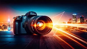 An artistic depiction of a camera with light radiating from its lens, surrounded by a cityscape and night sky, illustrating the theme of capturing images in low light conditions.