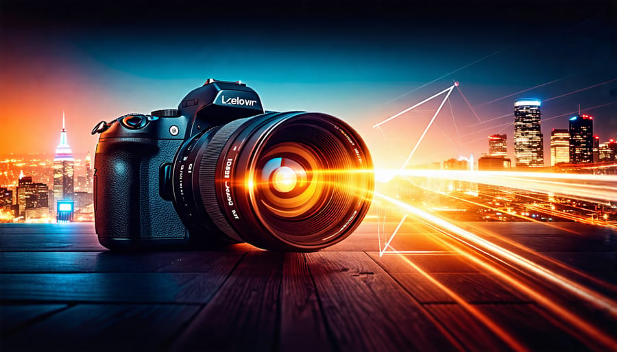 An artistic depiction of a camera with light radiating from its lens, surrounded by a cityscape and night sky, illustrating the theme of capturing images in low light conditions.