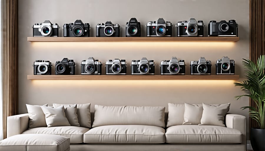 A modern living room showcasing a stylish arrangement of vintage and modern cameras on wall-mounted shelves, highlighted by soft lighting.