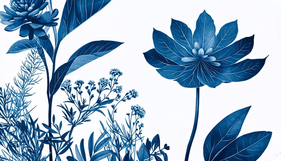 Cyanotype print depicting leaves and flowers with blue hues