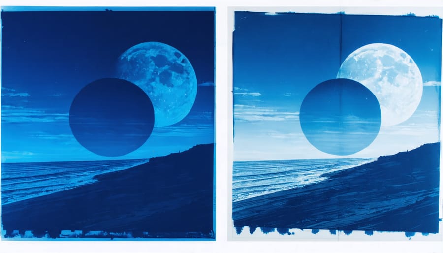 Illustrating the distinctive blue tones and vintage feel of a cyanotype print compared to a modern digital photo