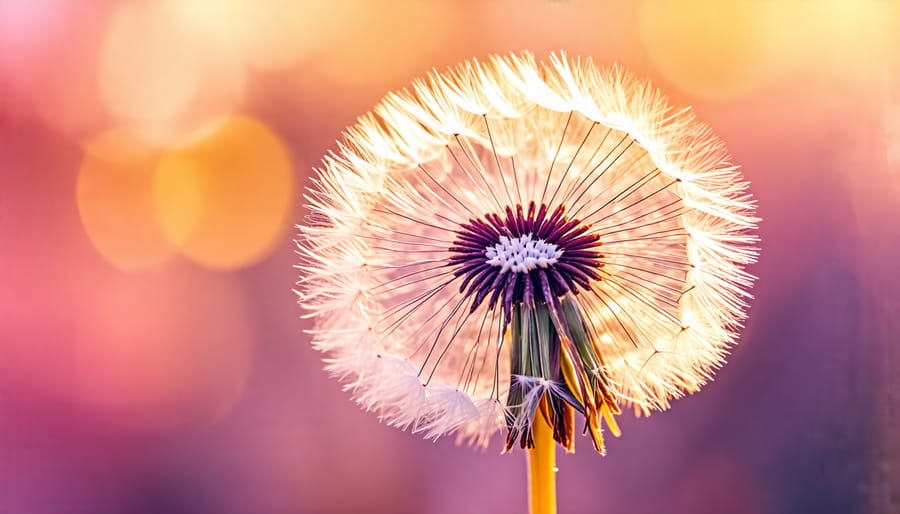 Creative macro image of a dandelion seed head with a dreamy, blurred background