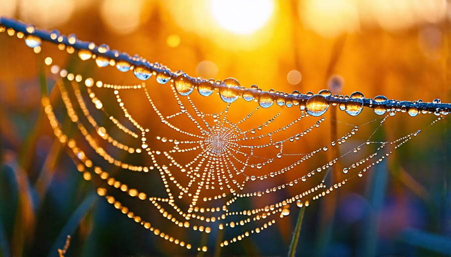 Macro photograph of a dewdrop-covered spider web at sunrise, highlighting the intricate details and vibrant reflections of the morning light.