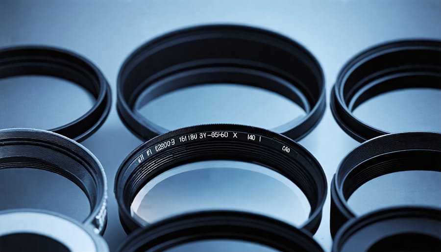 A variety of lens hoods, including petal and cylindrical types, displayed on a table