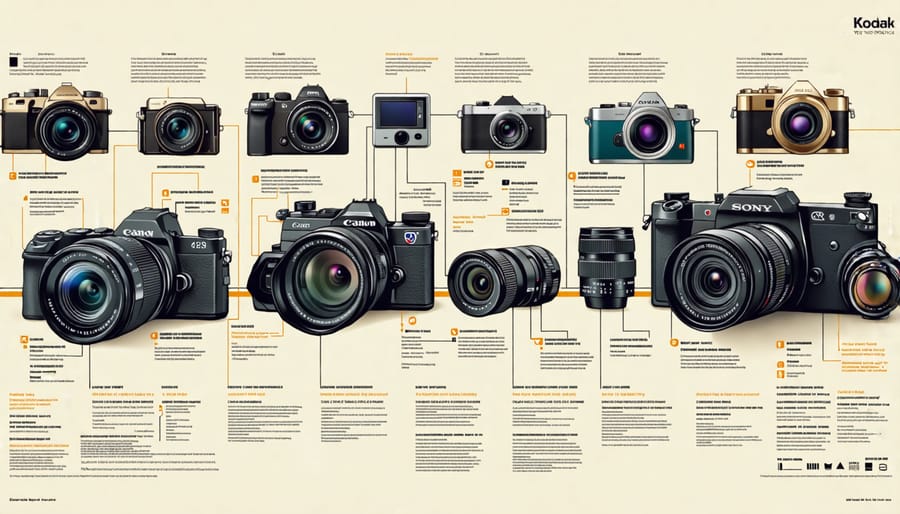 Conceptual illustration showcasing the evolution of digital cameras over time, featuring iconic models from Kodak, Sony, Canon, and smartphone advancements that revolutionized photography.