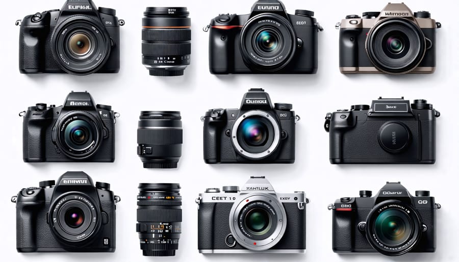 A creative display of compact, mirrorless, and DSLR cameras, illustrating their unique features and design differences in a professional manner.