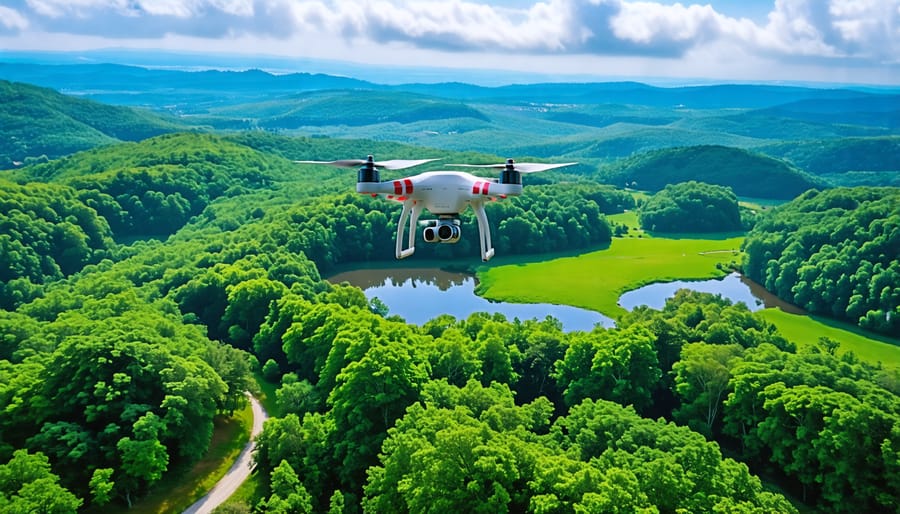 A drone in flight capturing an aerial view of a mountain landscape