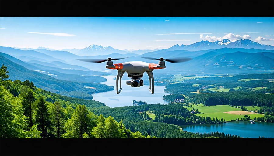 Drone in flight taking photographs of a beautiful natural landscape