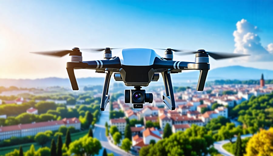 Drone flying over a beautiful mixed landscape of nature and city, with icons representing drone registration, legal documents, and airspace restrictions.