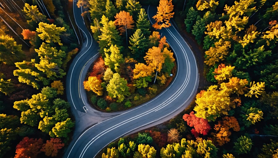 Aerial view of a winding road snaking through a lush green forest, illustrating the rule of thirds composition technique in drone photography.