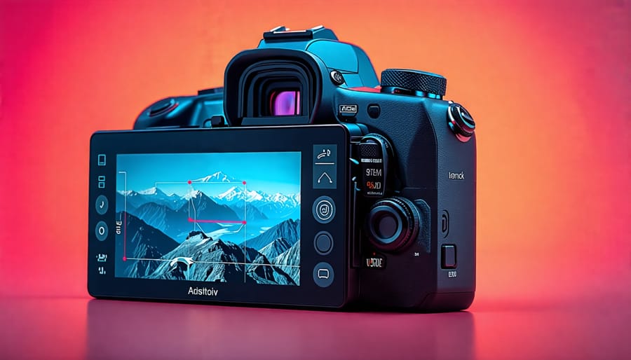 DSLR camera showcasing AI-powered intelligent auto settings on its display