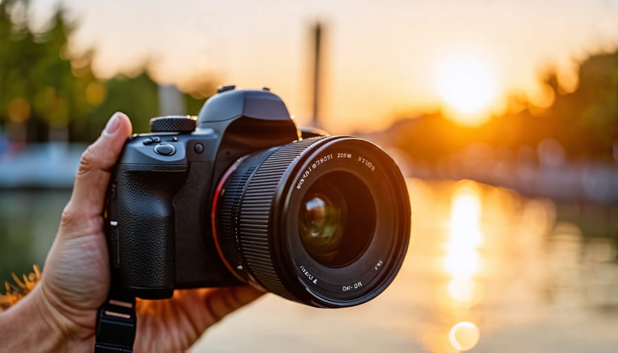 Photographer using a DSLR camera equipped with a prime lens